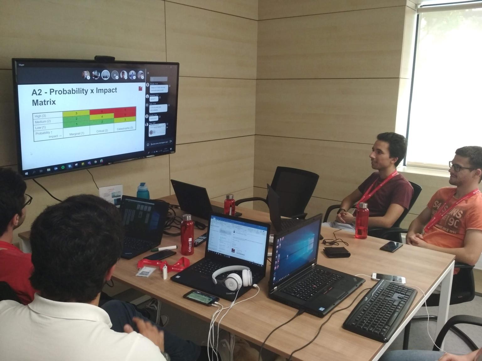 Internship meeting at Critical Software with a probability matrix on screen