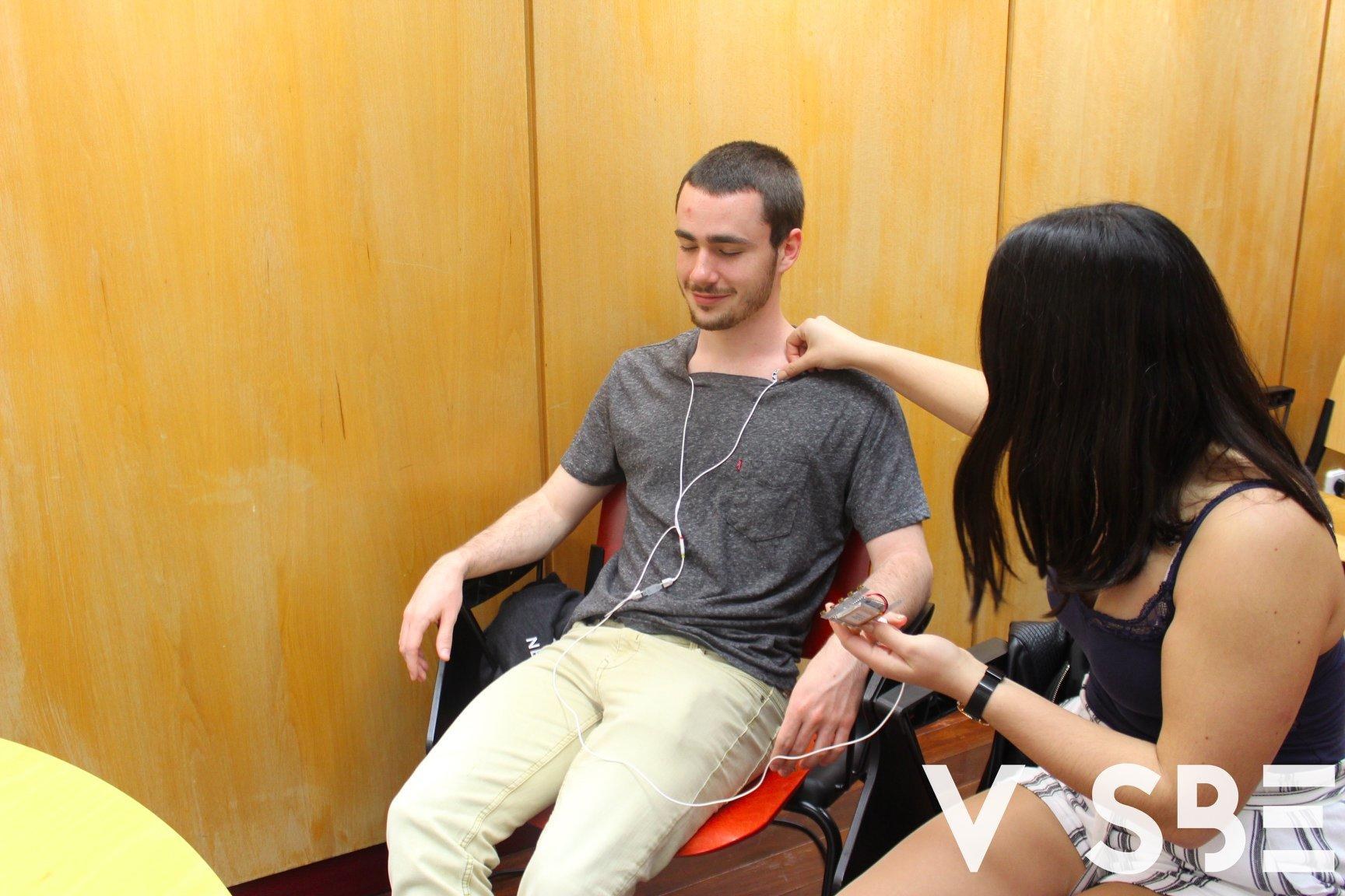 Participant having BITalino ECG electrodes placed during the practical session